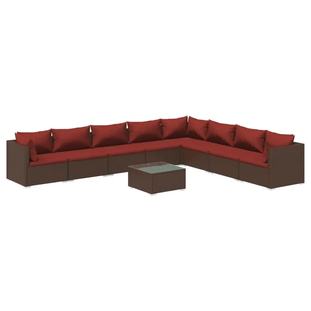 9 Piece Patio Lounge Set Cushions Brown Poly Rattan Garden Furniture