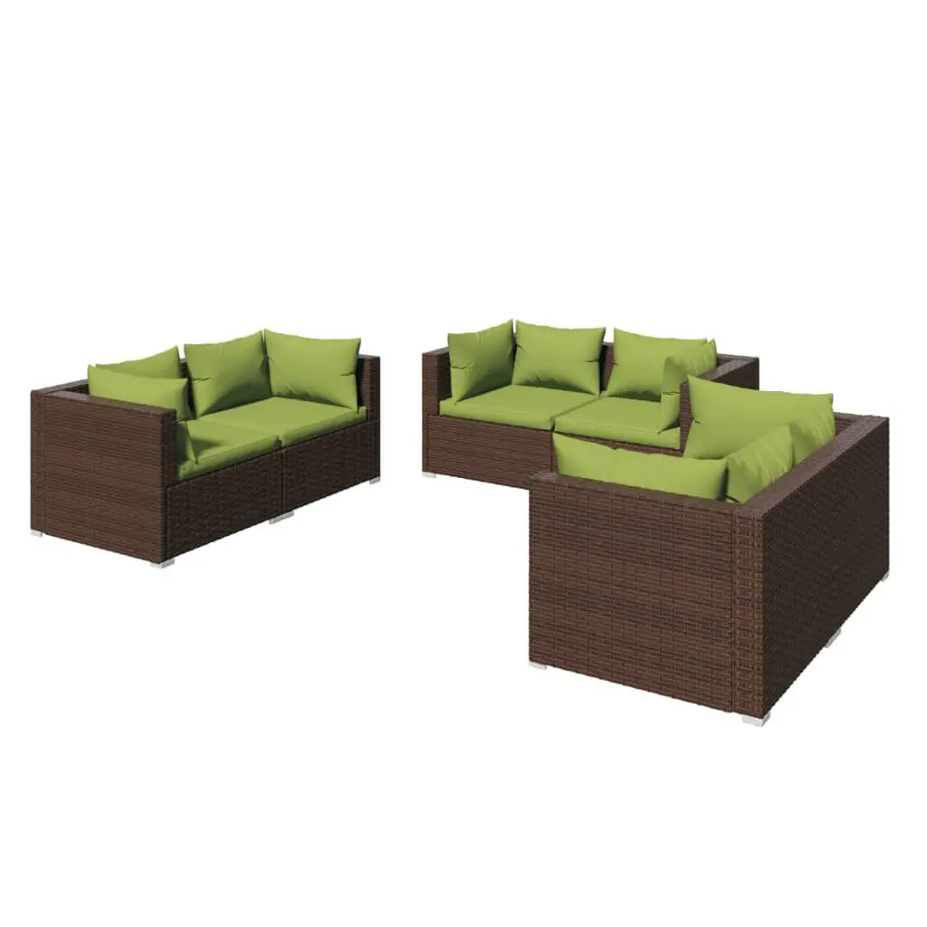 6 Piece Patio Lounge Set Cushions Brown Poly Rattan Outdoor Seating