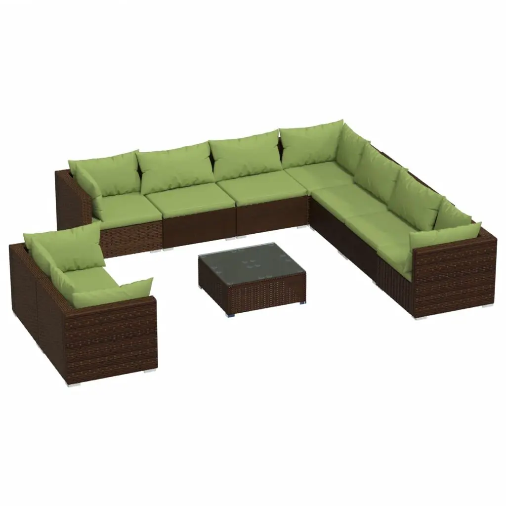 10 Piece Patio Lounge Set Cushions Brown Poly Rattan Outdoor Furniture