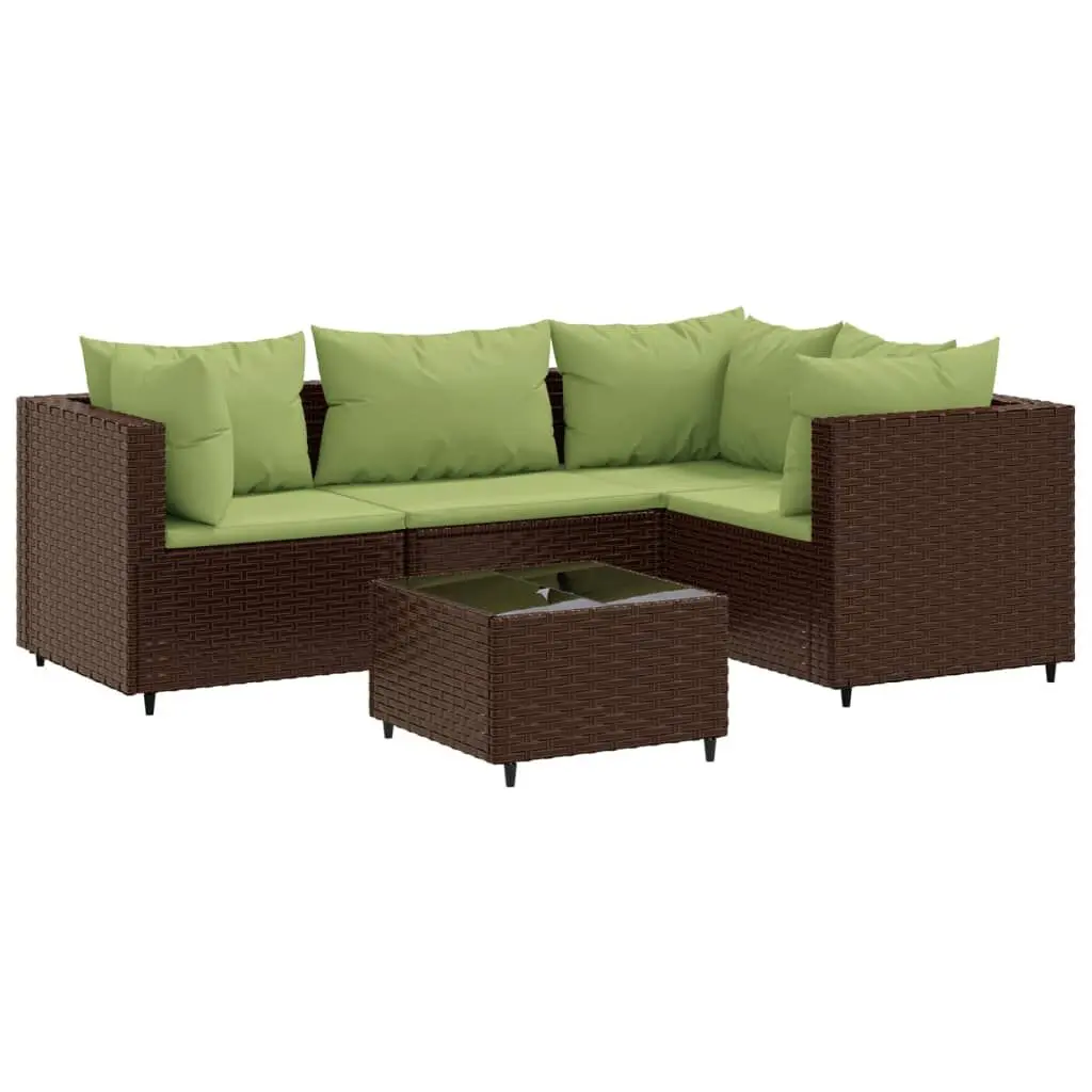 5 Piece Patio Lounge Set Cushions Brown Poly Rattan Outdoor Furniture