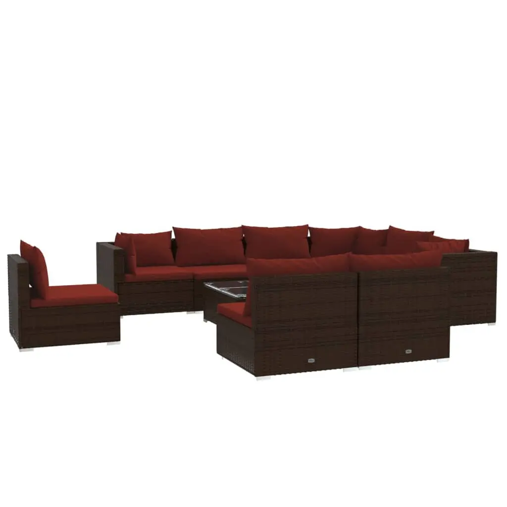 10 Piece Patio Lounge Set Cushions Brown Poly Rattan Outdoor Furniture