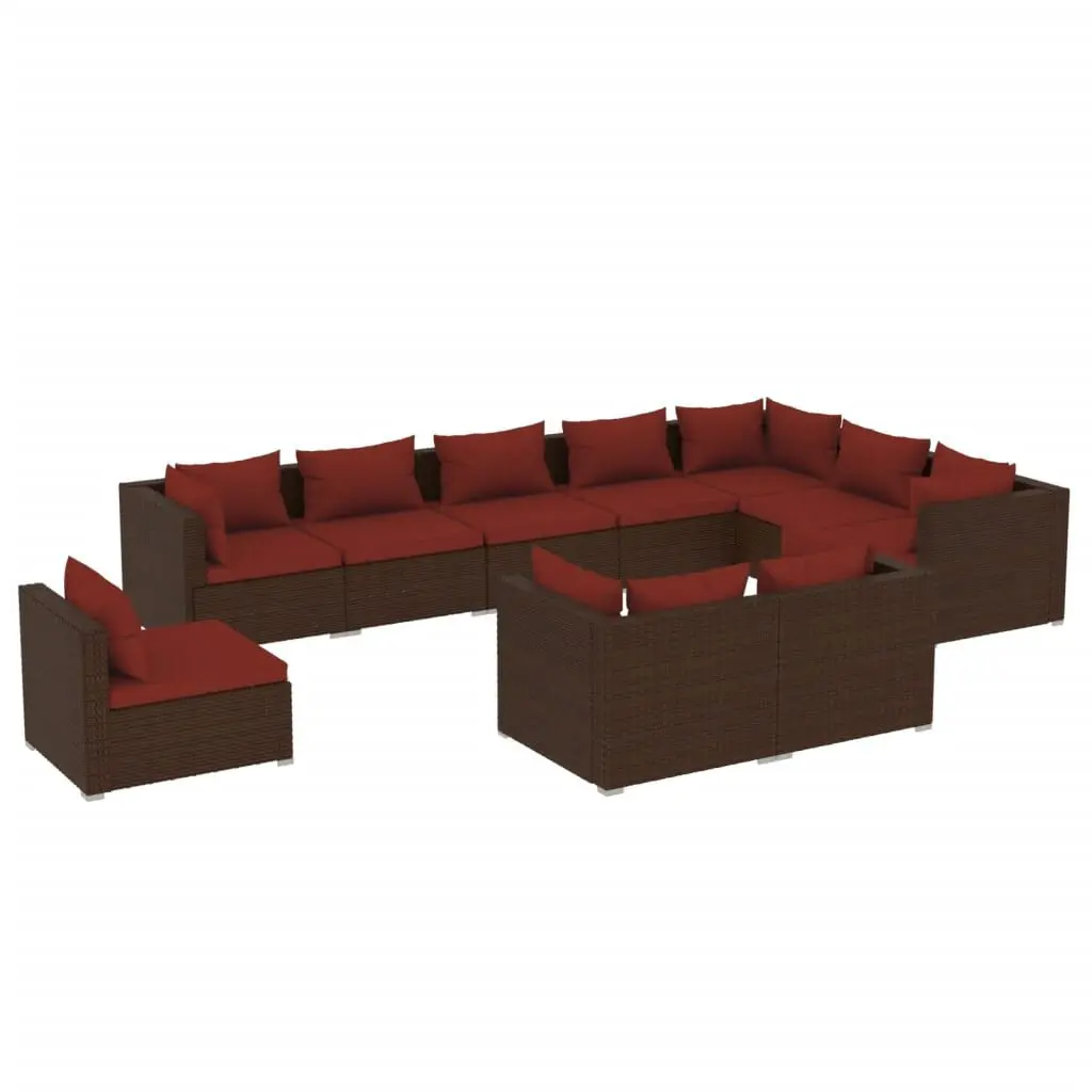 10 Piece Patio Lounge Set Cushions Brown Poly Rattan Outdoor Furniture