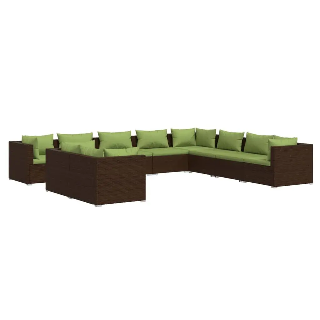 10 Piece Patio Lounge Set Cushions Brown Poly Rattan Outdoor Furniture