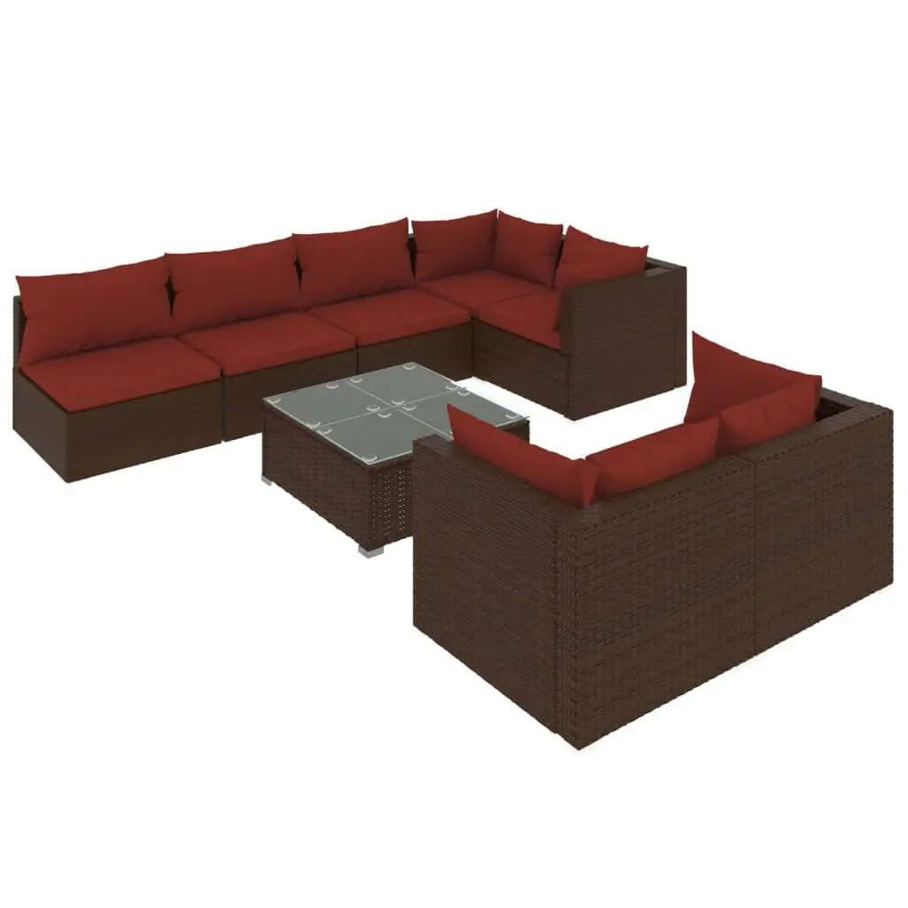 8 Piece Patio Lounge Set Cushions Brown Poly Rattan Outdoor Furniture