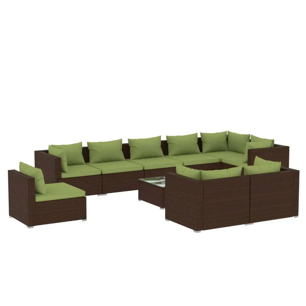 10 Piece Patio Lounge Set Cushions Brown Poly Rattan Outdoor Furniture