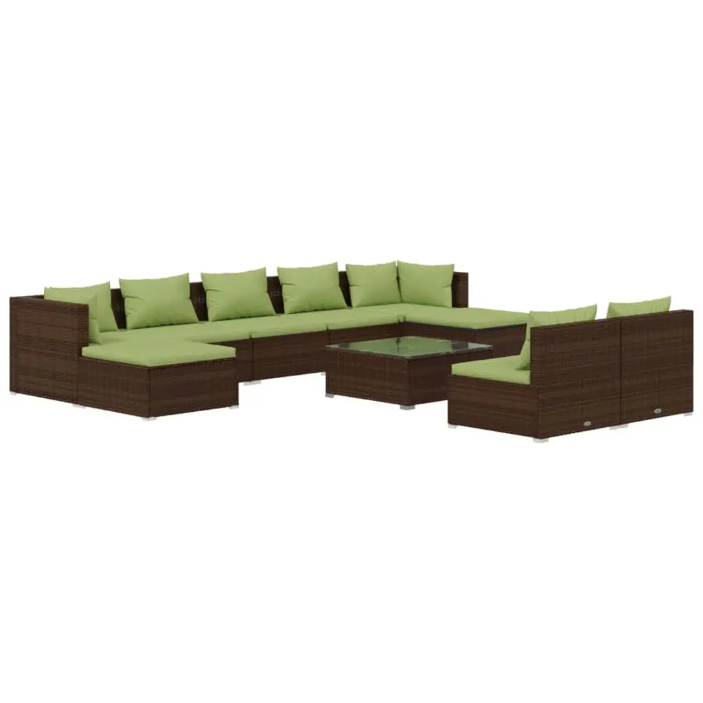 10 Piece Patio Lounge Set Cushions Brown Poly Rattan Outdoor Sofa