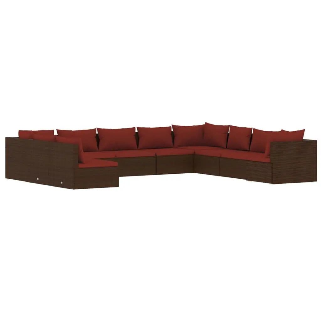 10 Piece Patio Lounge Set Cushions Brown Poly Rattan Outdoor Furniture