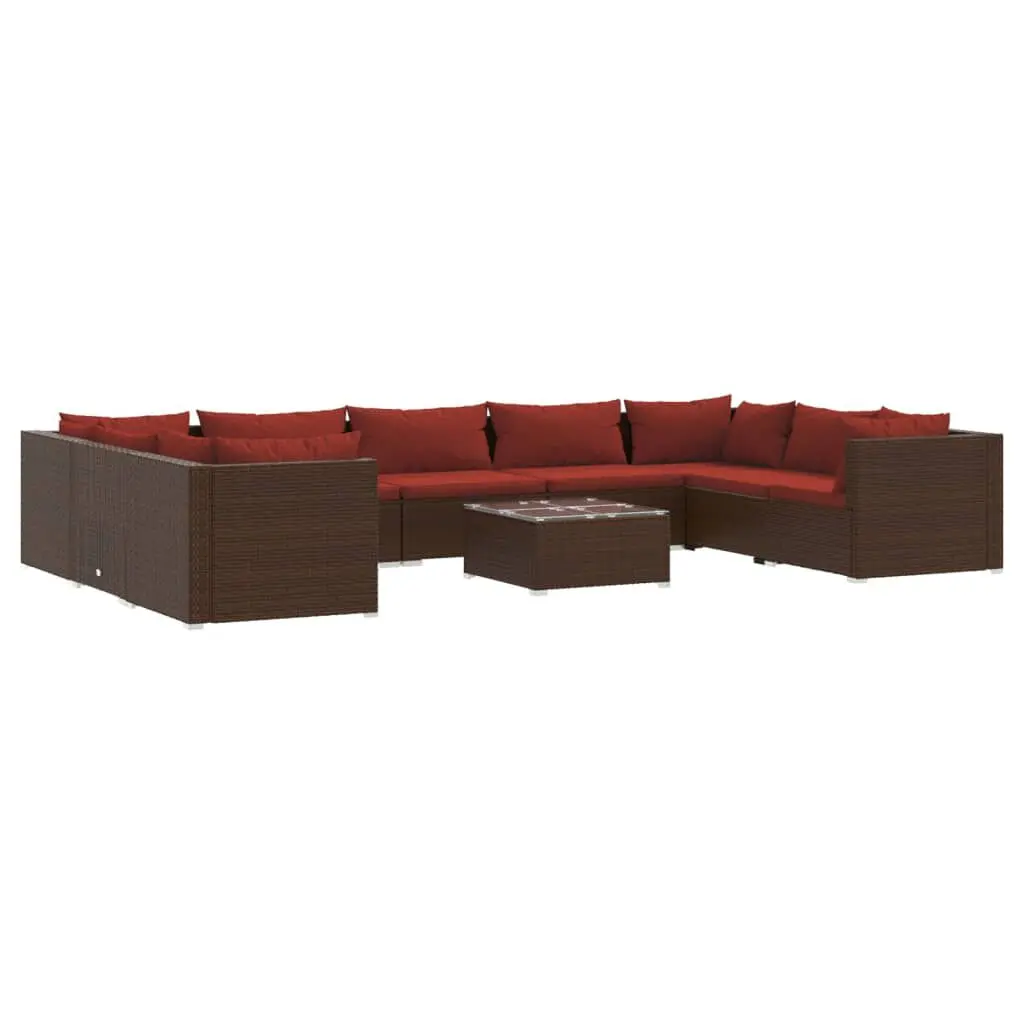 10 Piece Patio Lounge Set Cushions Brown Poly Rattan Outdoor Seating
