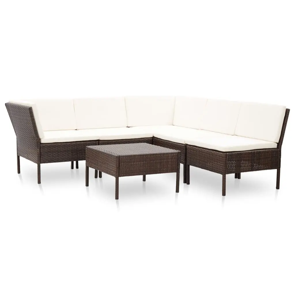 6 Piece Patio Lounge Set Cushions Brown Poly Rattan Outdoor Seating