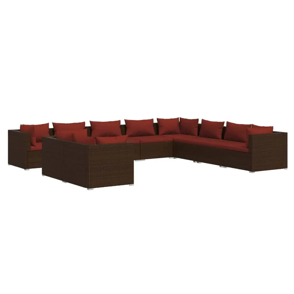 10 Piece Patio Lounge Set Cushions Brown Poly Rattan Outdoor Furniture