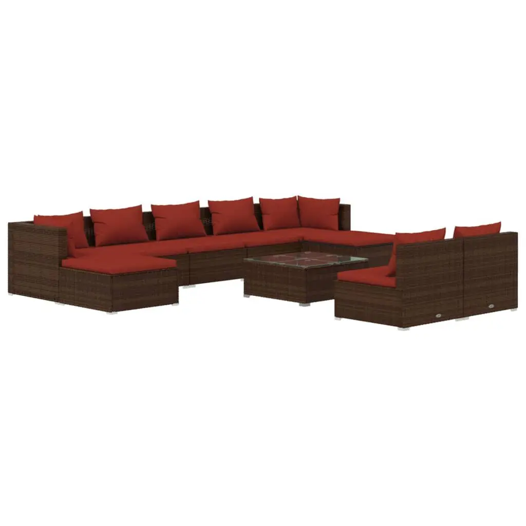 10 Piece Patio Lounge Set Cushions Brown Poly Rattan Outdoor Furniture