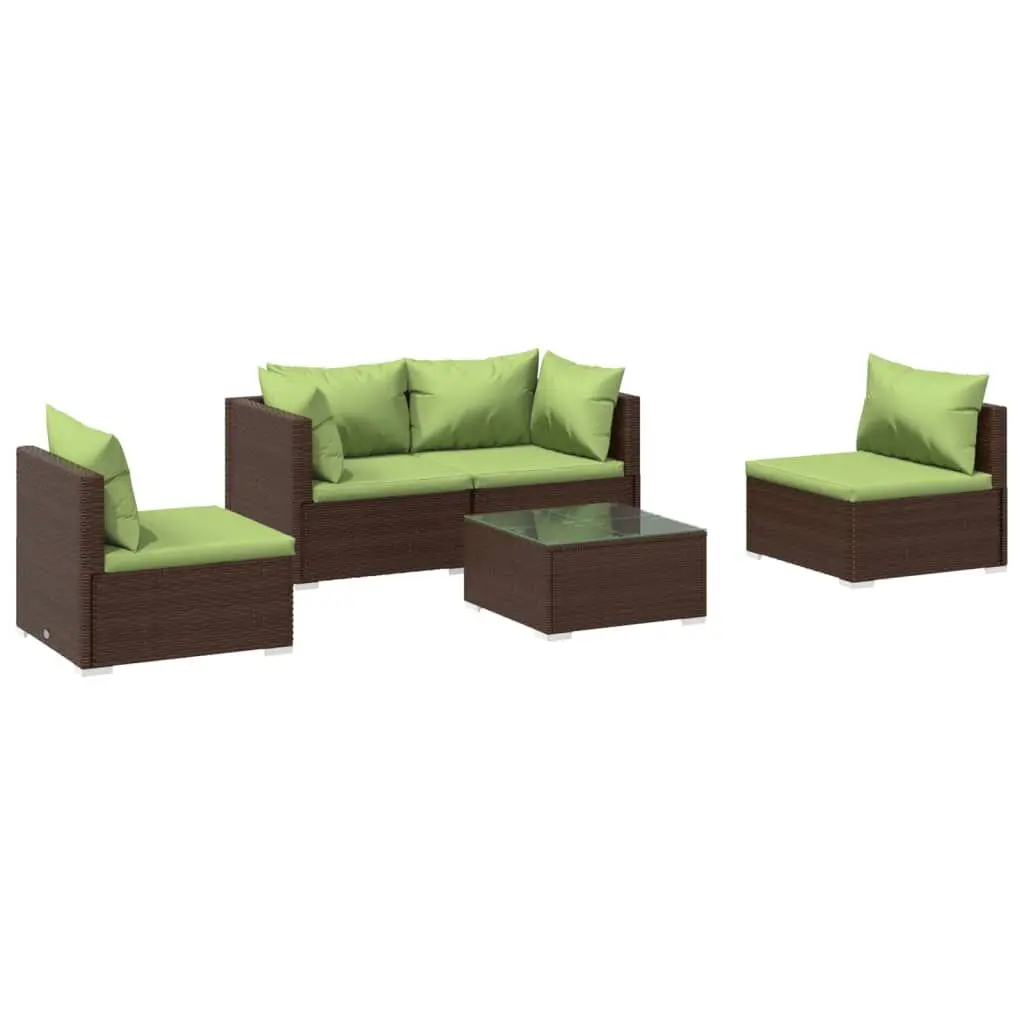 5 Piece Patio Lounge Set Cushions Brown Poly Rattan Outdoor Furniture