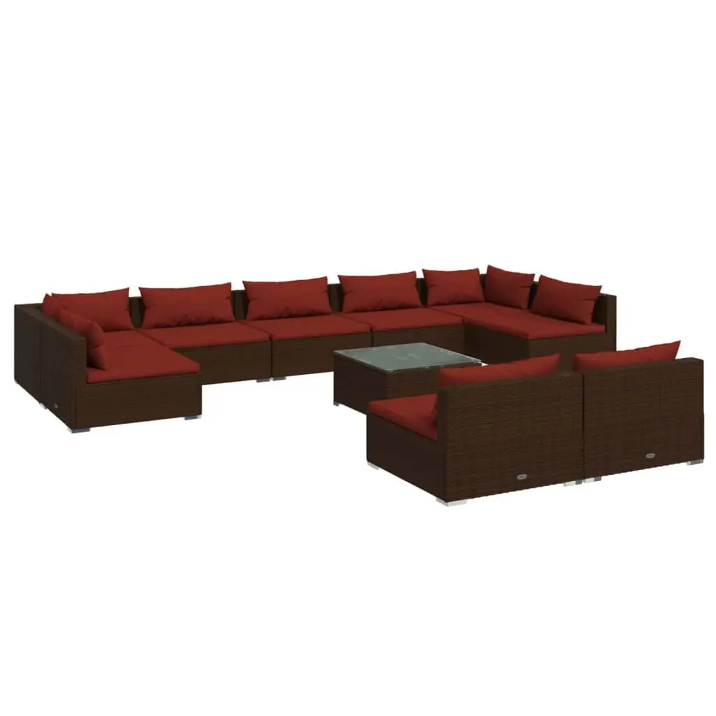 10 Piece Patio Lounge Set Cushions Brown Poly Rattan Outdoor Furniture