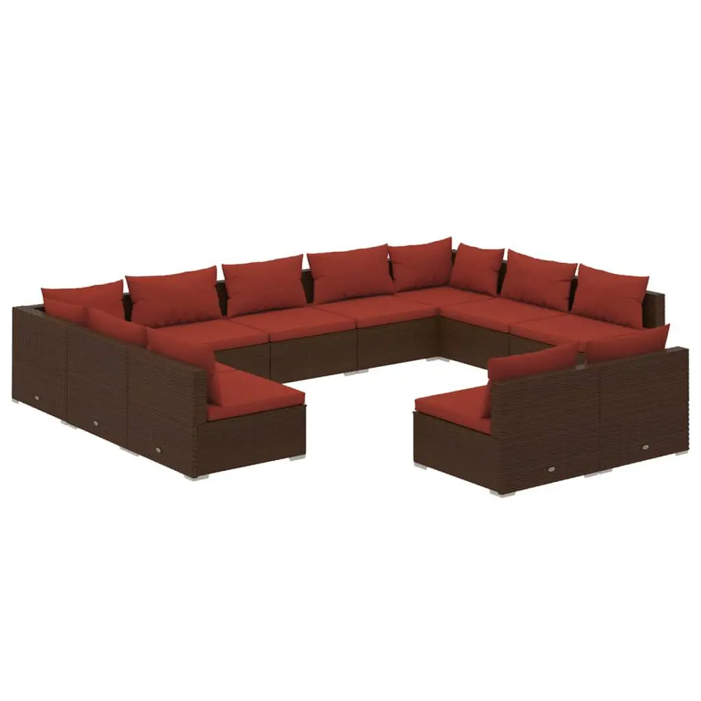 11 Piece Patio Lounge Set Cushions Brown Poly Rattan Outdoor Furniture