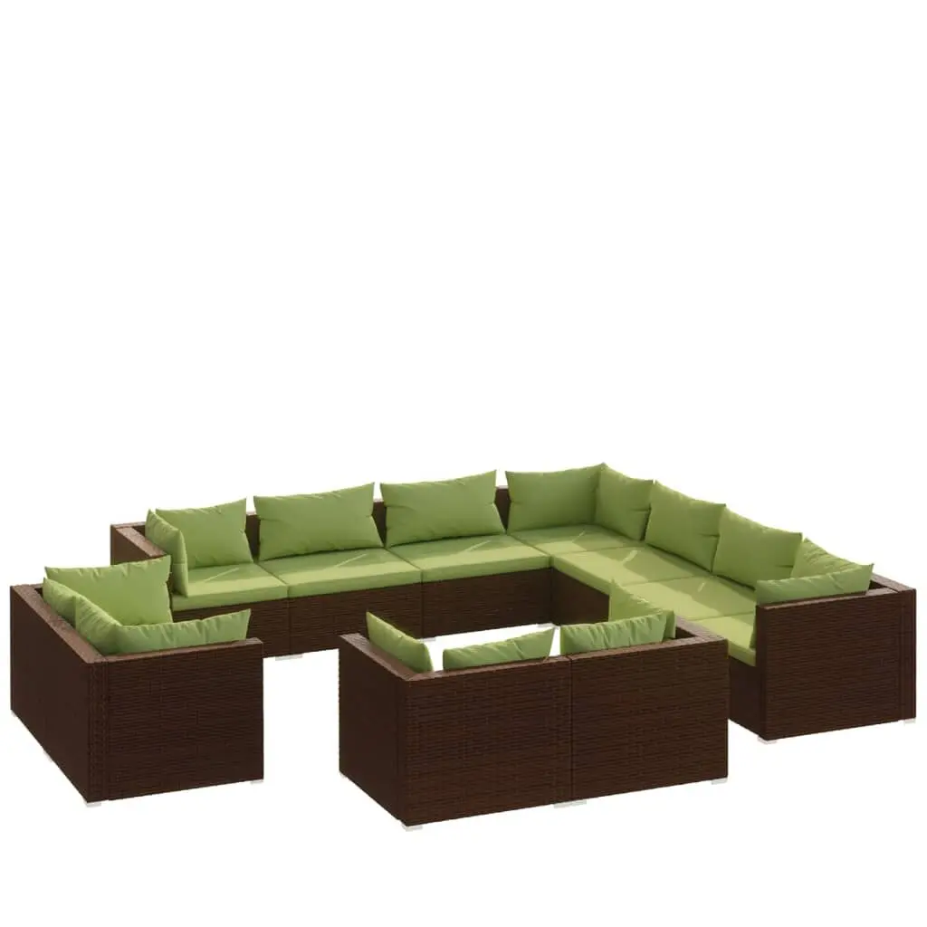11 Piece Patio Lounge Set Cushions Brown Poly Rattan Outdoor Furniture