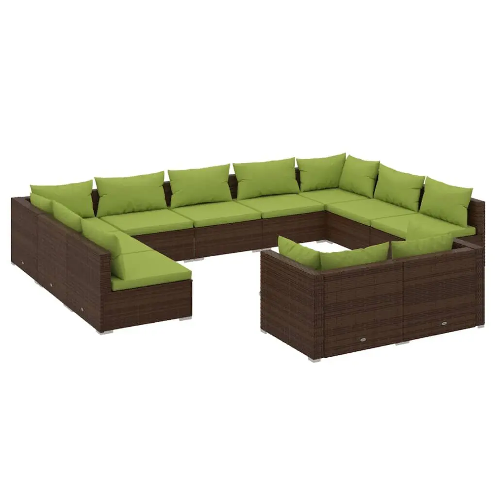 11 Piece Patio Lounge Set Cushions Brown Poly Rattan Outdoor Seating