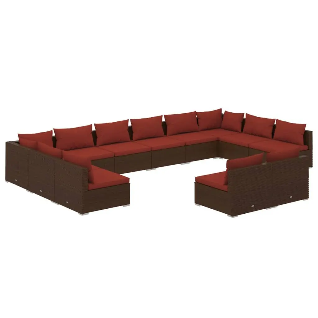 12 Piece Patio Lounge Set Cushions Brown Poly Rattan Outdoor Furniture