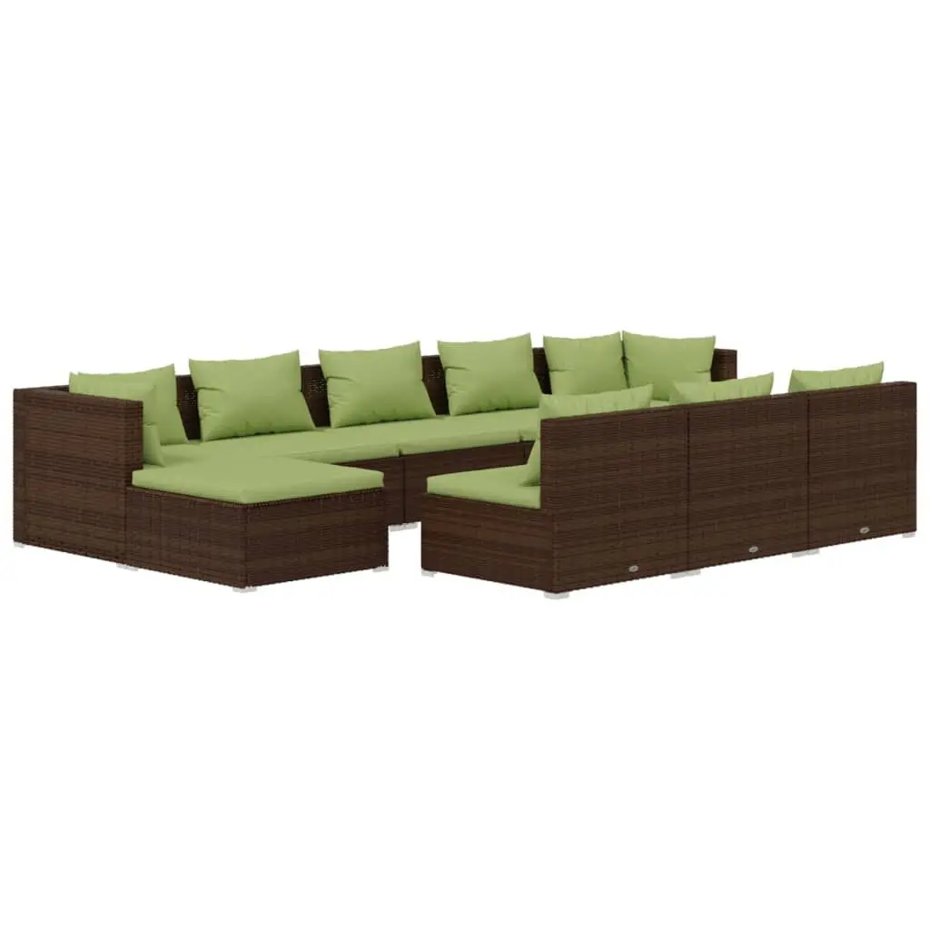 10 Piece Patio Lounge Set Cushions Brown Poly Rattan Outdoor Seating