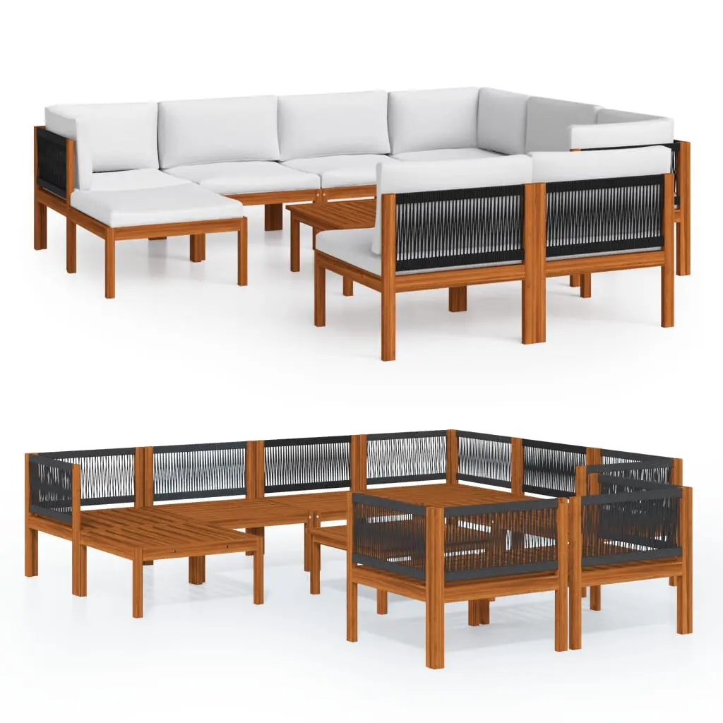 10 Piece Patio Lounge Set Cushions Cream Solid Acacia Wood Outdoor Furniture