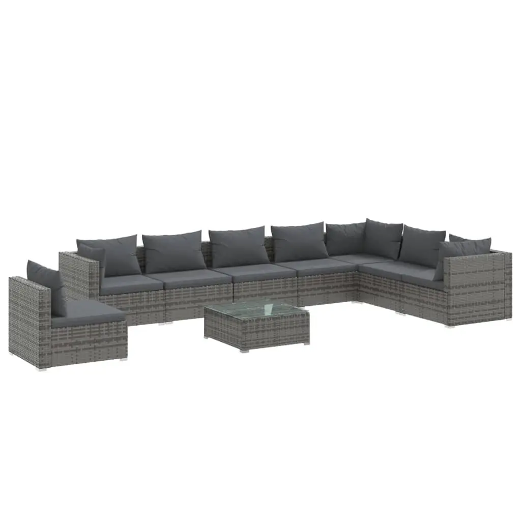 9 Piece Patio Lounge Set Cushions Gray Poly Rattan Outdoor Furniture