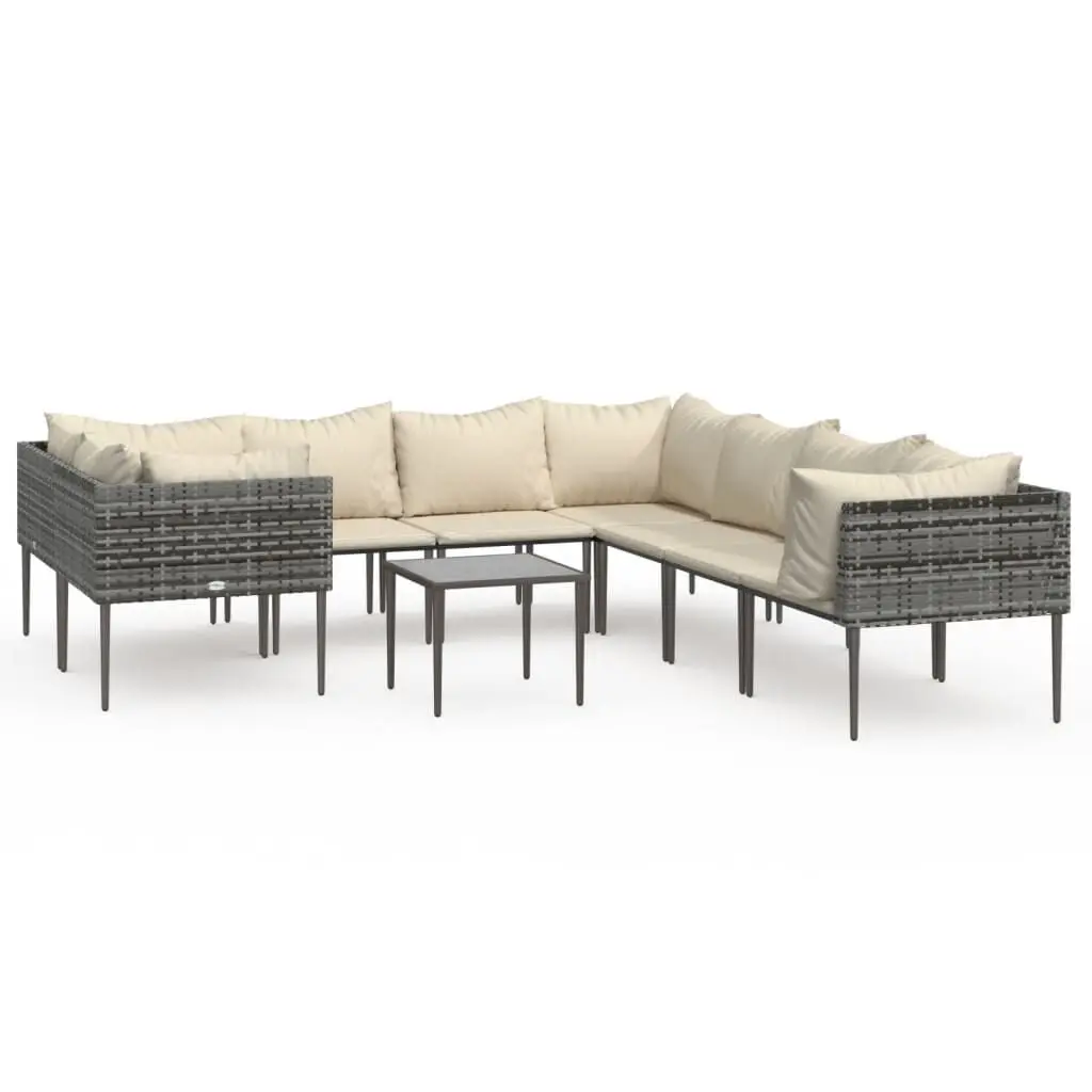 9 Piece Patio Lounge Set Cushions Gray Poly Rattan Outdoor Furniture
