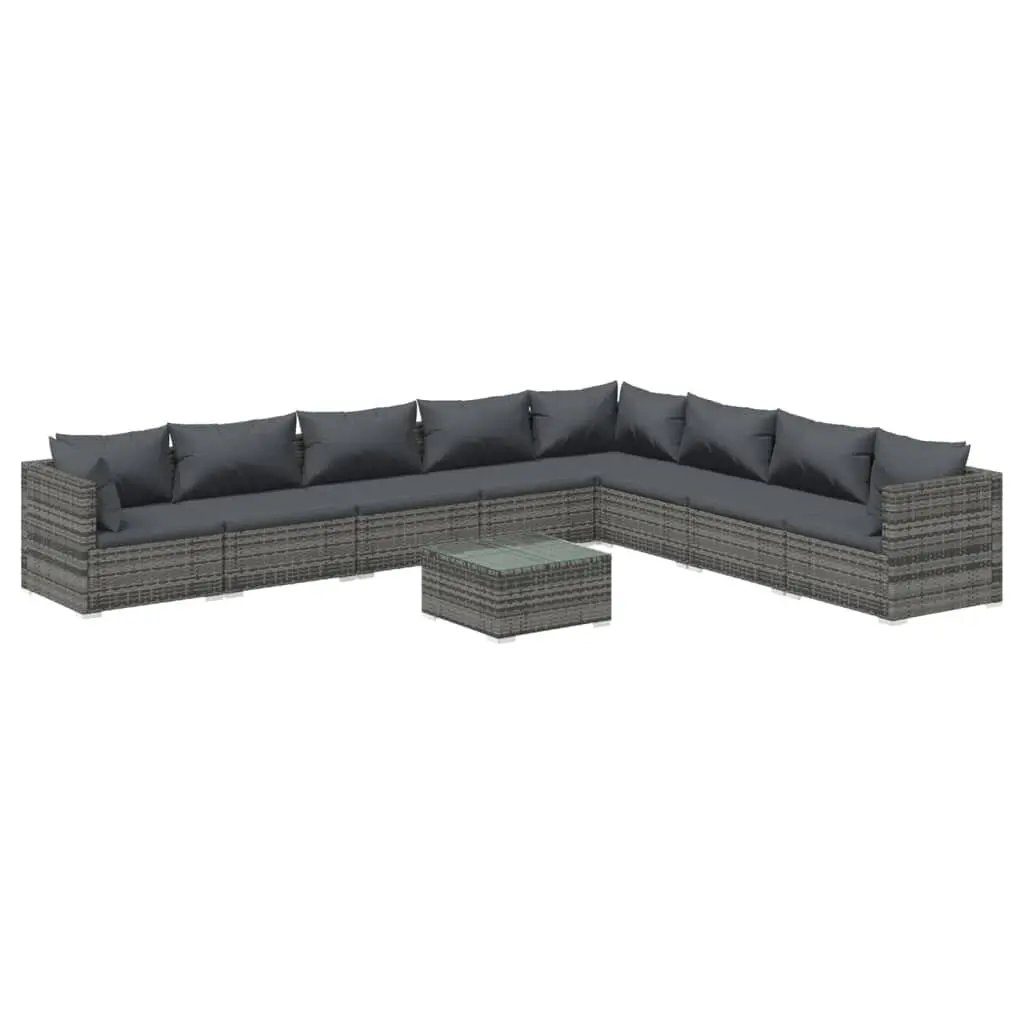 9 Piece Patio Lounge Set Cushions Gray Poly Rattan Outdoor Furniture