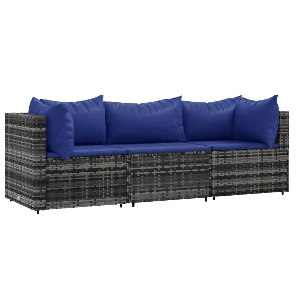 3 Piece Patio Lounge Set Cushions Gray Poly Rattan Outdoor Furniture