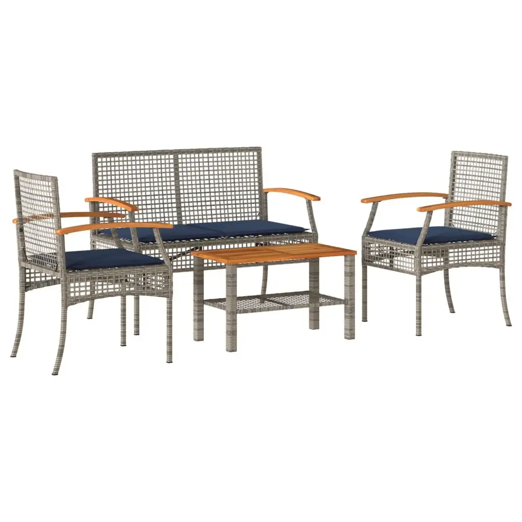 4 Piece Patio Lounge Set Cushions Gray Poly Rattan Outdoor Seating