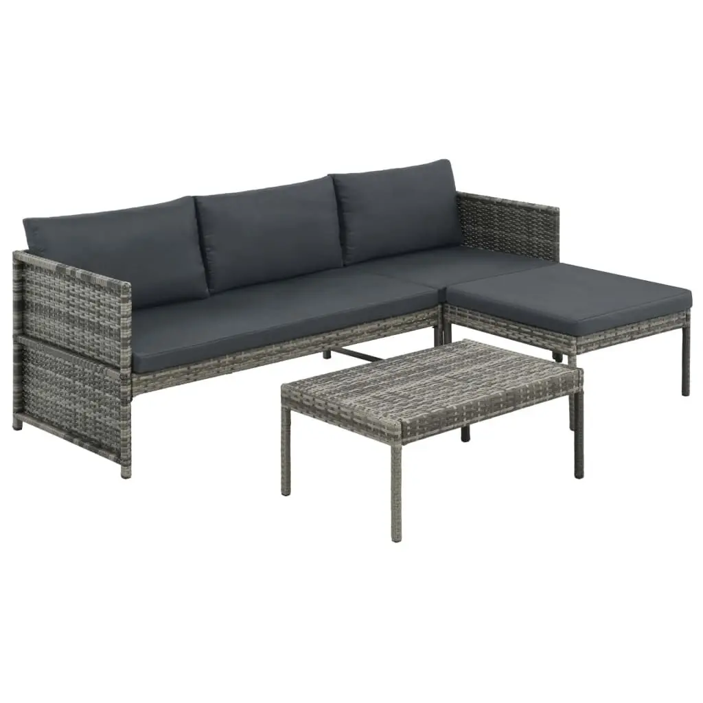3 Piece Patio Lounge Set Cushions Gray Poly Rattan Outdoor Seating