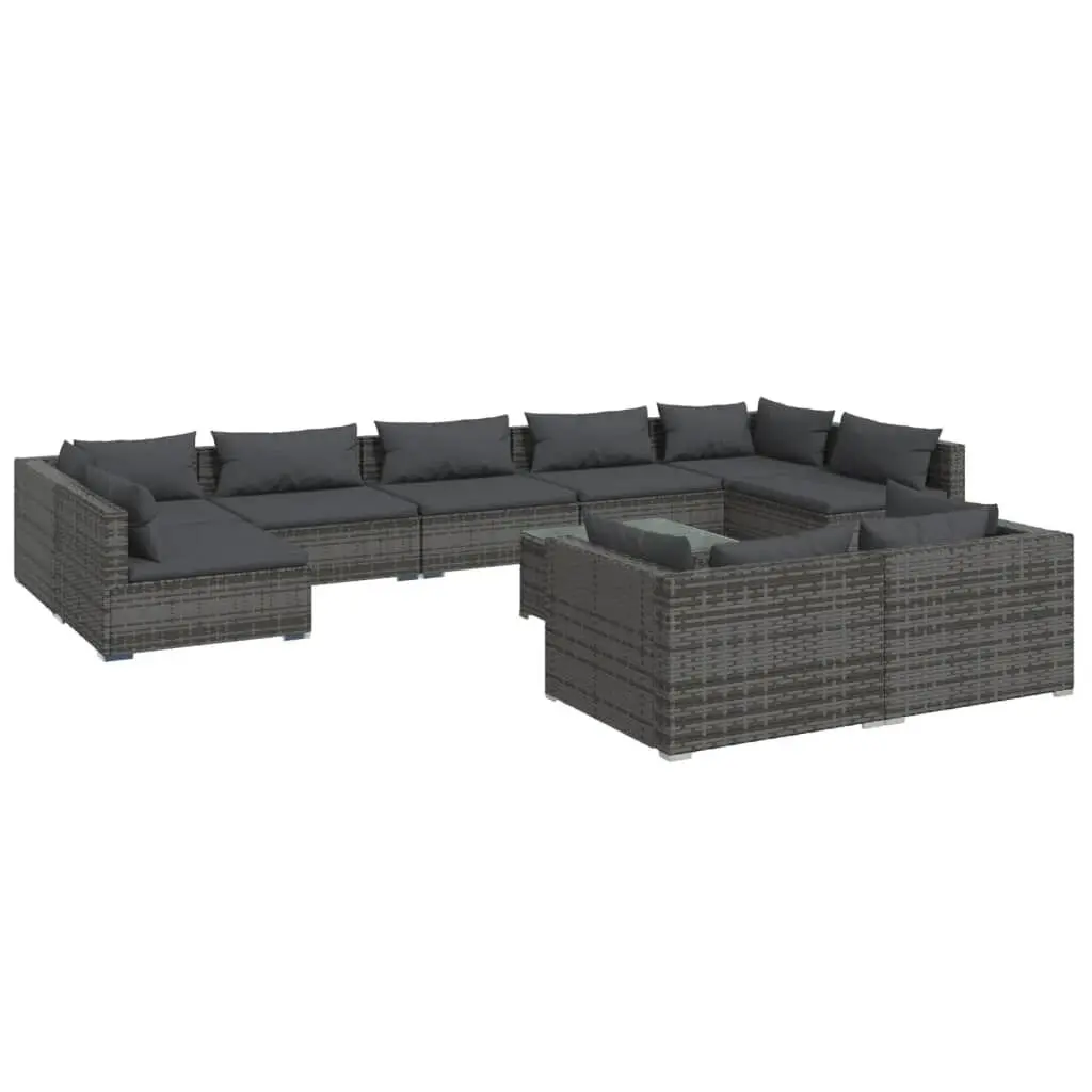 10 Piece Patio Lounge Set Cushions Gray Poly Rattan Outdoor Furniture