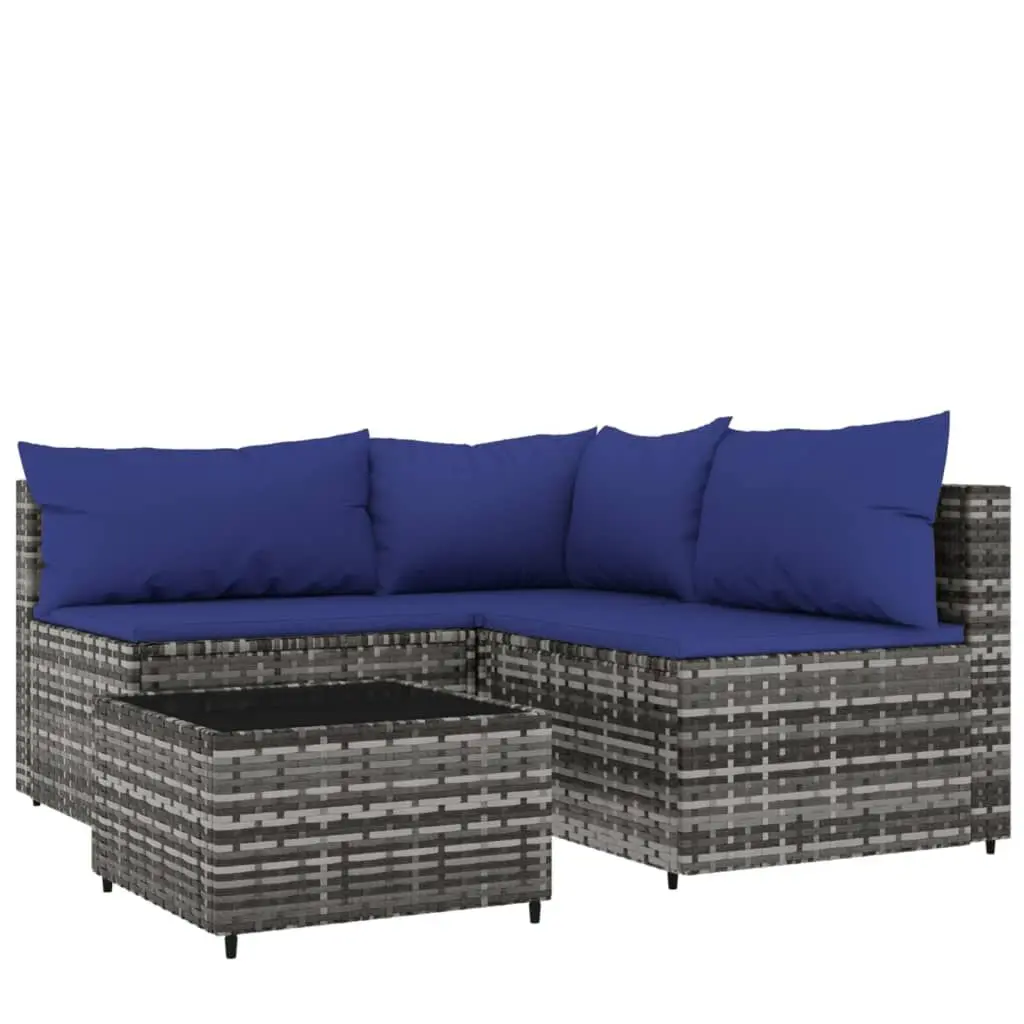 4 Piece Patio Lounge Set Cushions Gray Poly Rattan Outdoor Seating