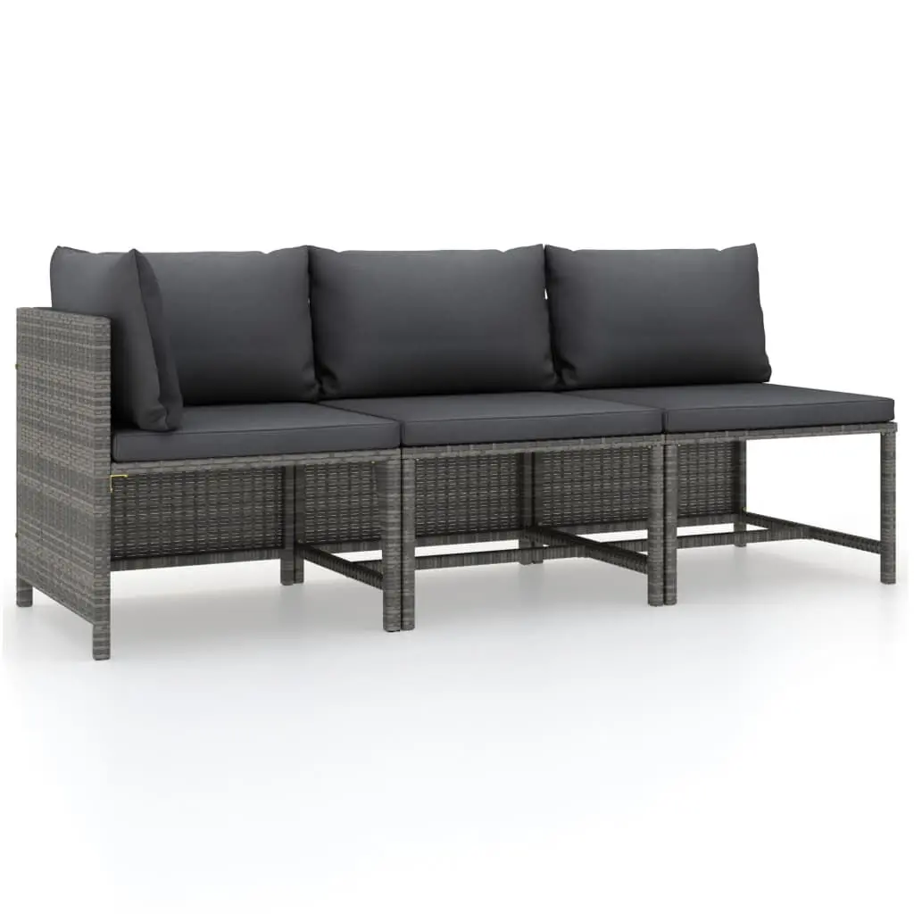 3 Piece Patio Lounge Set Cushions Poly Rattan Gray Outdoor Furniture