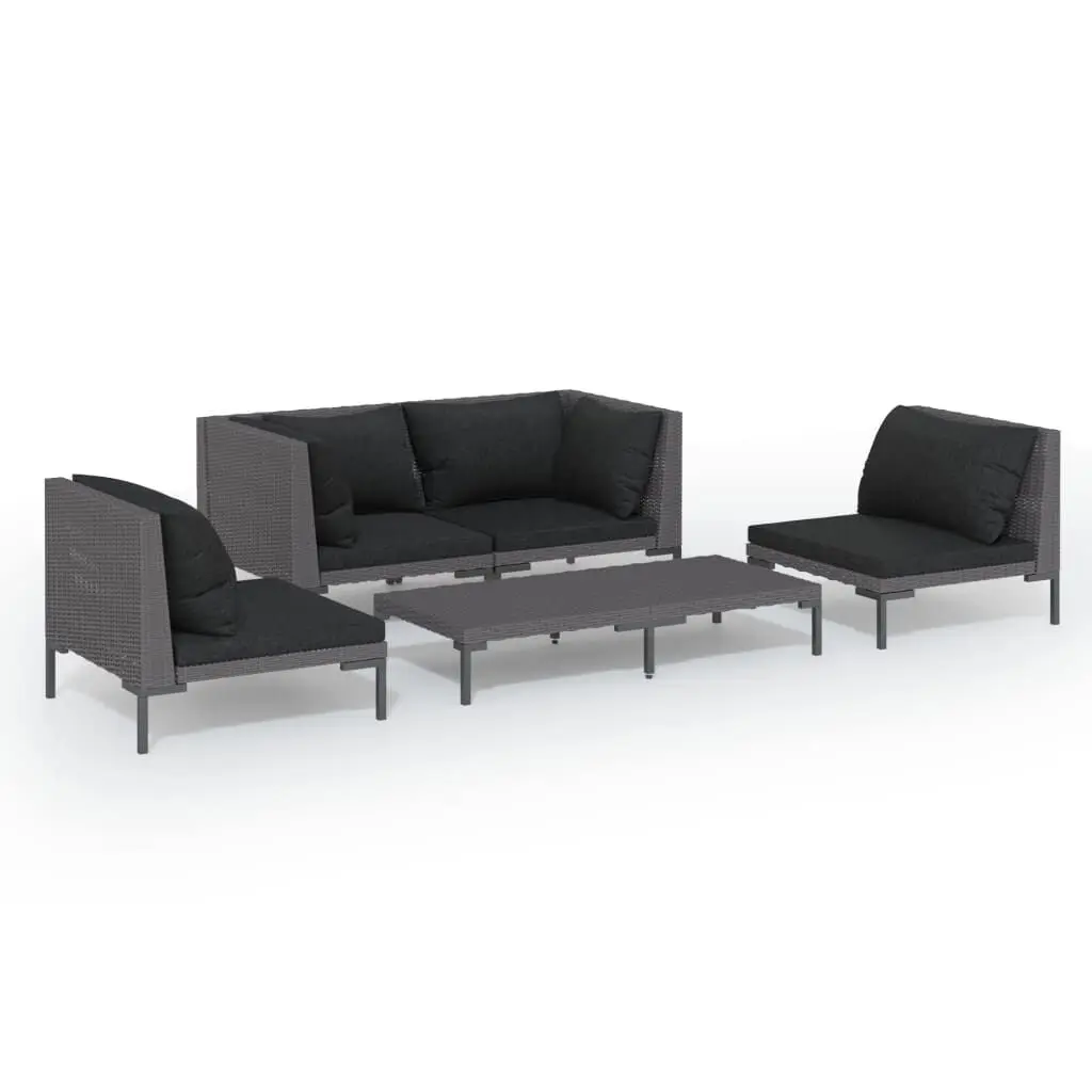 5 Piece Patio Lounge Set Cushions Poly Rattan Dark Gray Garden Set
