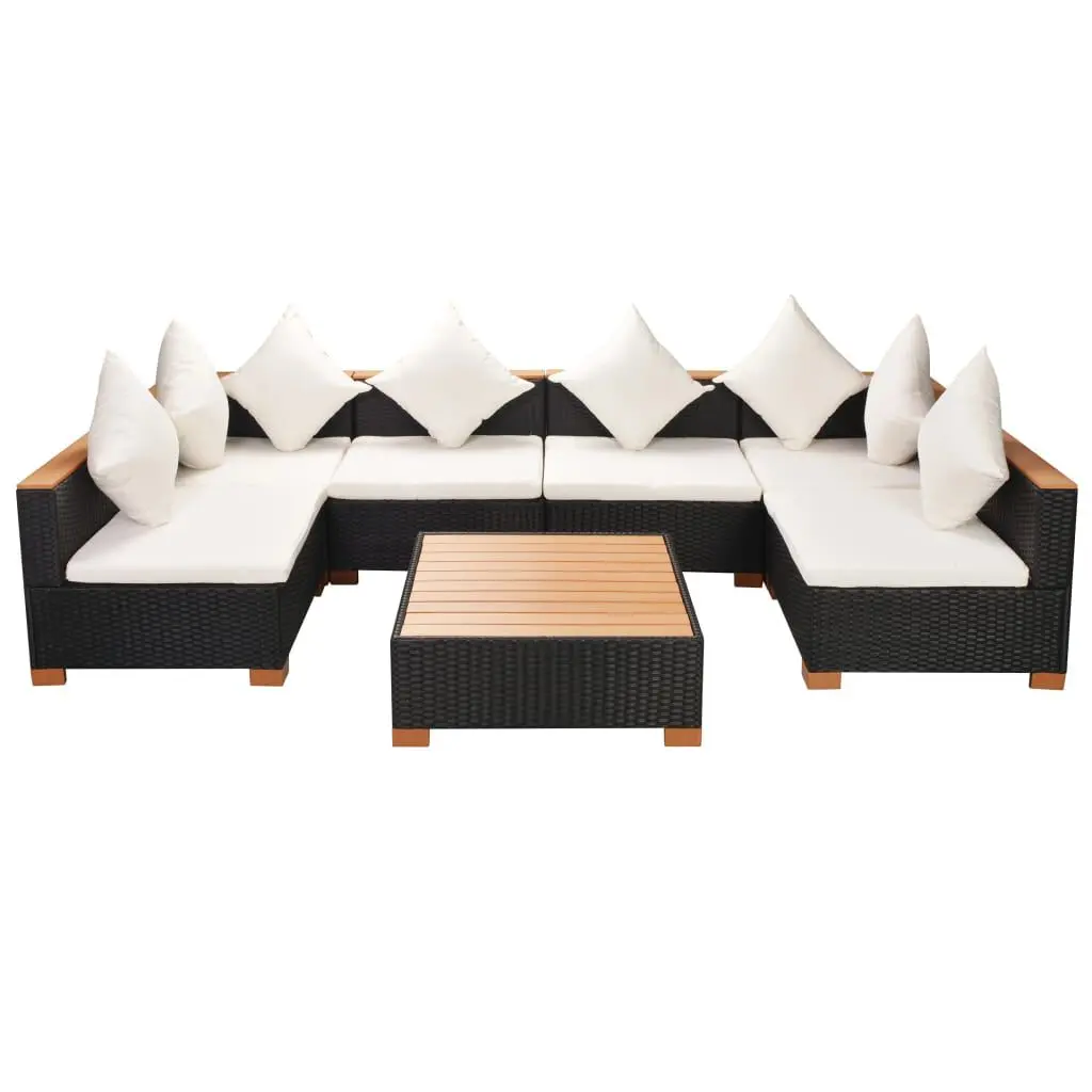 7 Piece Patio Lounge Set Cushions Poly Rattan Black Outdoor Furniture