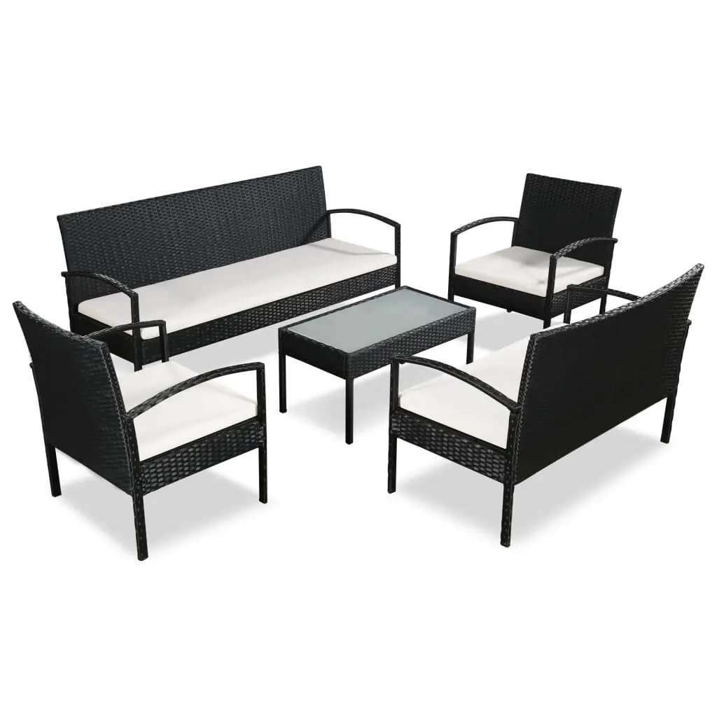 5 Piece Patio Lounge Set Cushions Poly Rattan Black Modern Garden Set