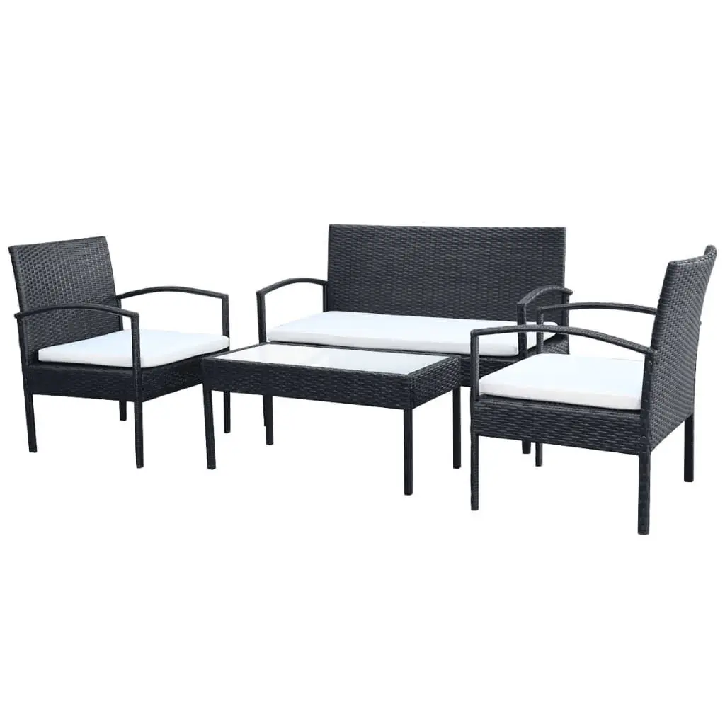 4 Piece Patio Lounge Set Cushions Poly Rattan Black Outdoor Furniture
