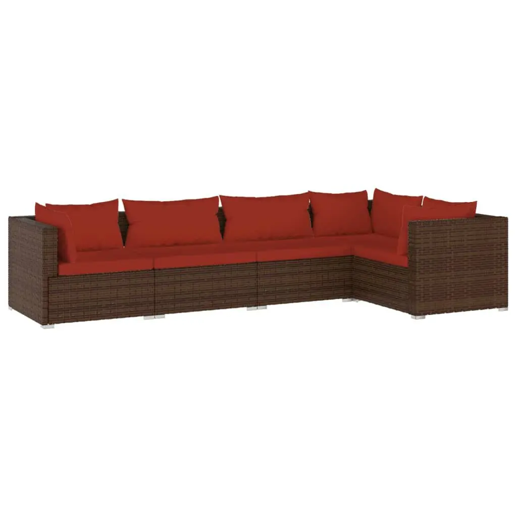 5 Piece Patio Lounge Set Cushions Poly Rattan Brown Outdoor Furniture