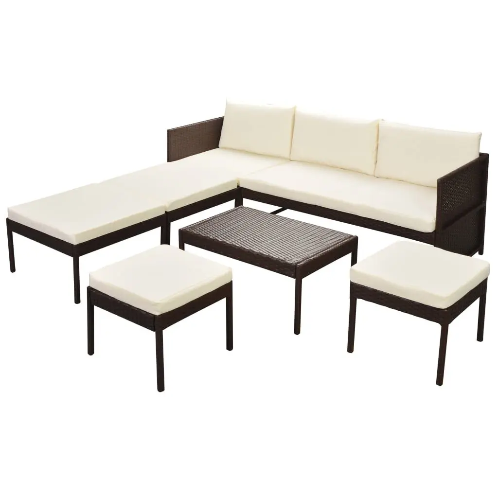 6 Piece Patio Lounge Set Cushions Poly Rattan Brown Outdoor Furniture