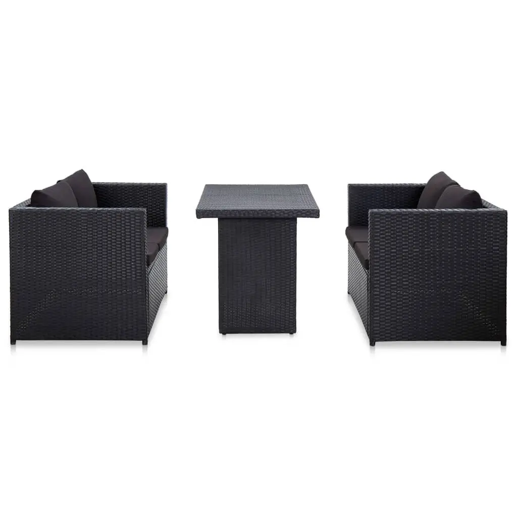 3 Piece Patio Lounge Set Cushions Poly Rattan Black Outdoor Furniture