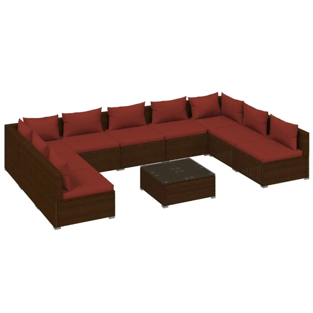 10 Piece Patio Lounge Set Cushions Poly Rattan Brown Garden Furniture