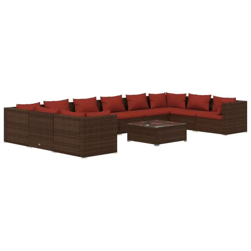 11 Piece Patio Lounge Set Cushions Poly Rattan Brown Outdoor Seating