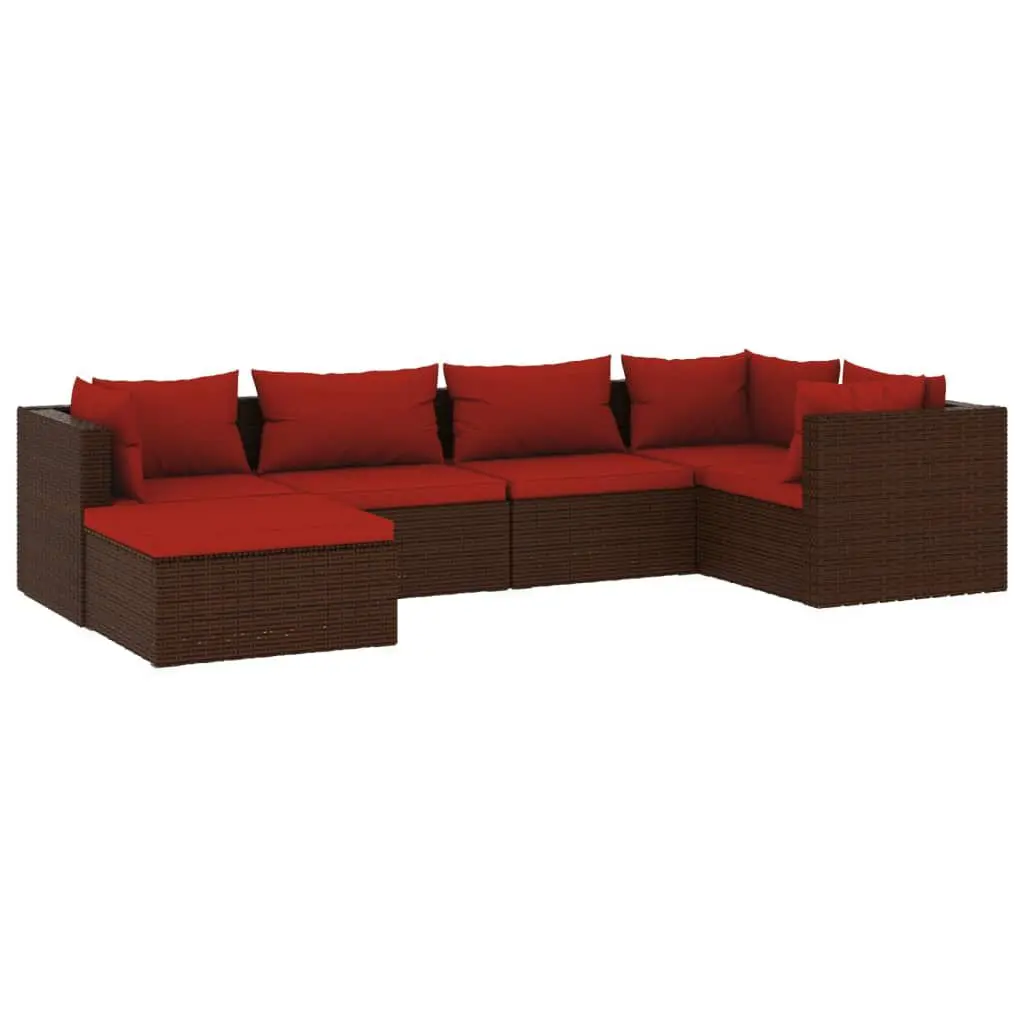 6 Piece Patio Lounge Set Cushions Poly Rattan Brown Outdoor Furniture