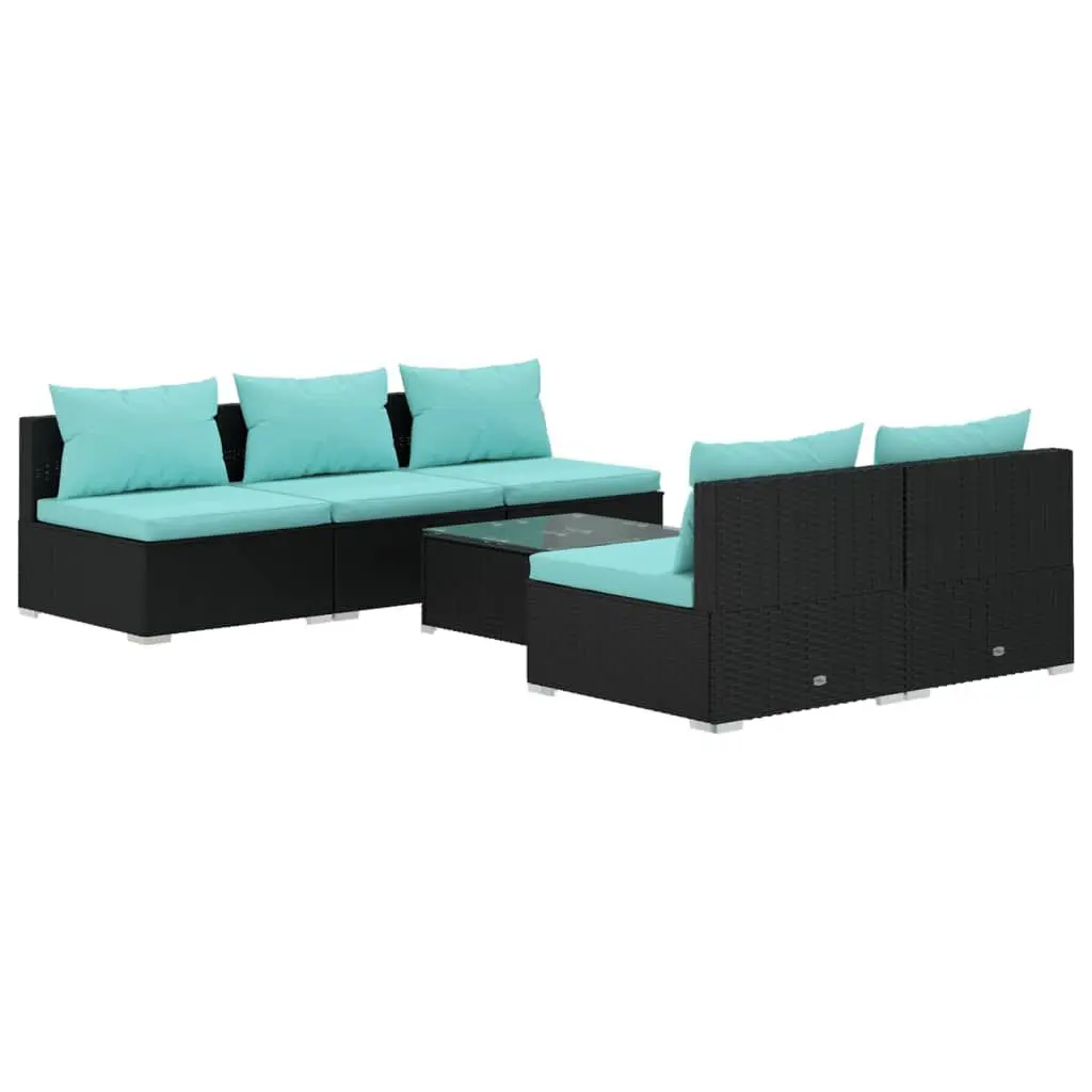 6 Piece Patio Lounge Set Cushions Poly Rattan Black Outdoor Furniture