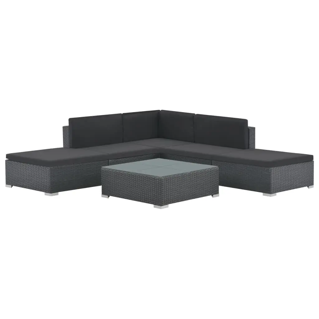 6 Piece Patio Lounge Set Cushions Poly Rattan Black Outdoor Furniture
