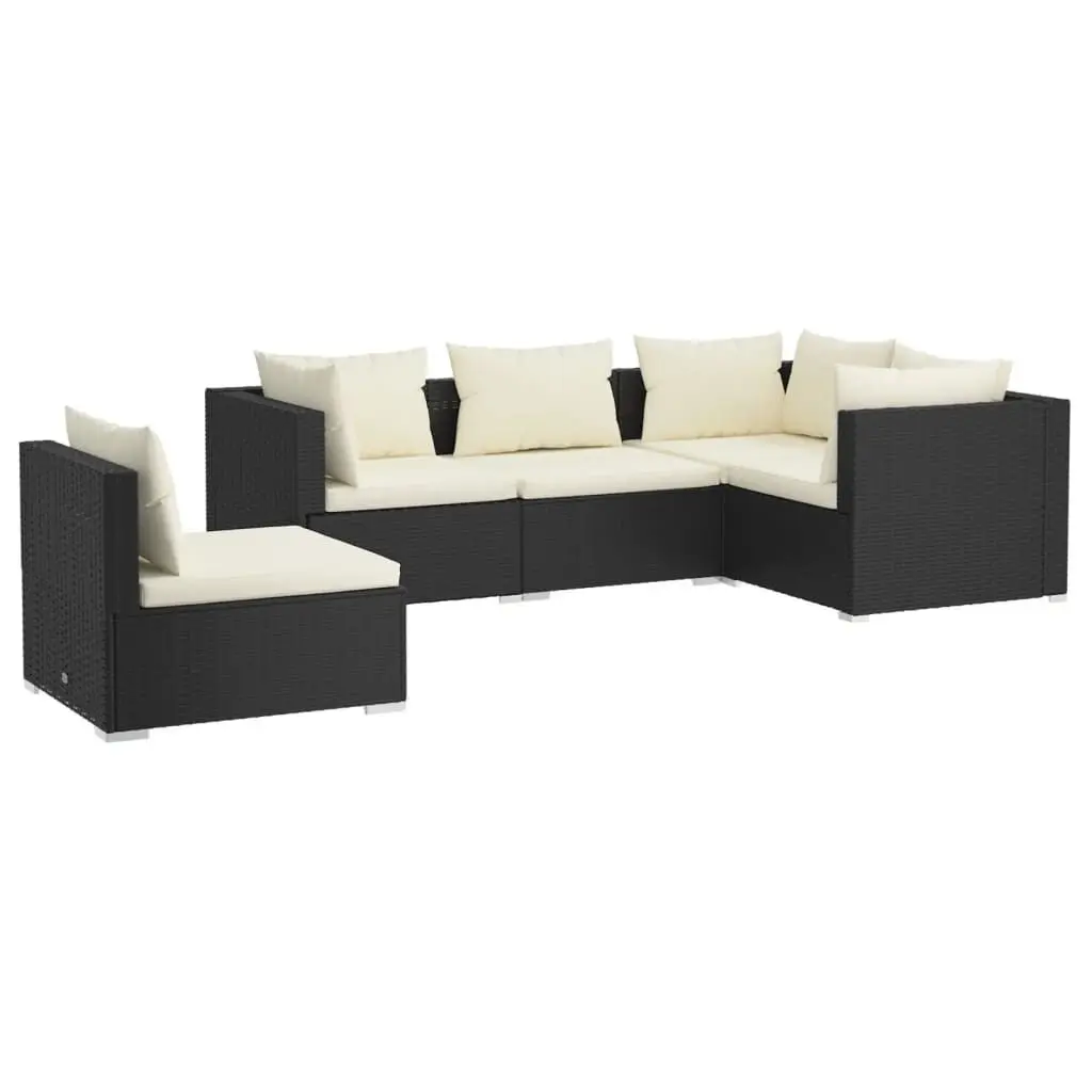 5 Piece Patio Lounge Set Cushions Poly Rattan Black Outdoor Seating