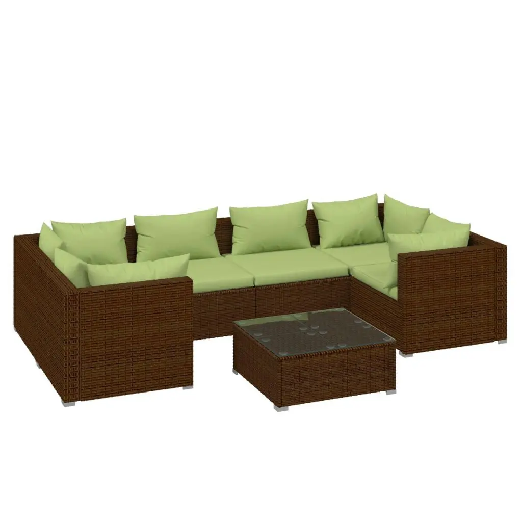 7 Piece Patio Lounge Set Cushions Poly Rattan Brown Outdoor Furniture