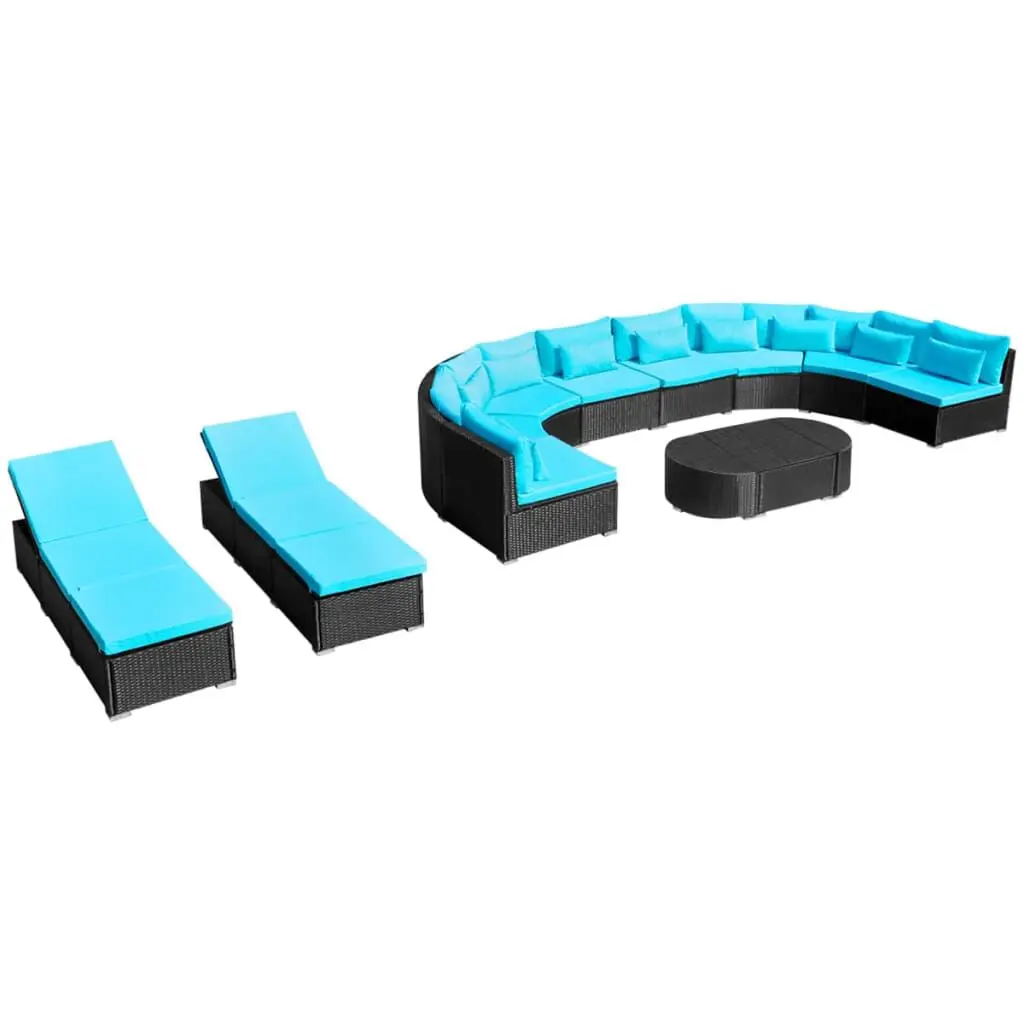 13 Piece Patio Lounge Set Cushions Poly Rattan Blue Outdoor Furniture