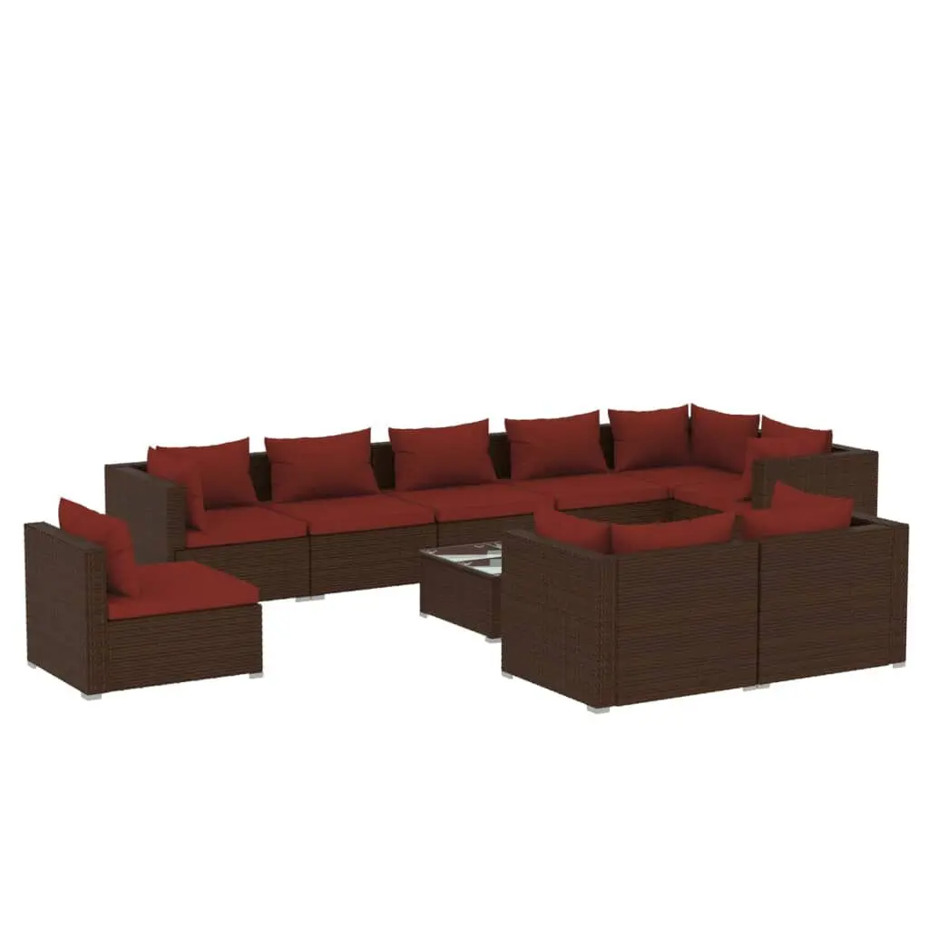 10 Piece Patio Lounge Set Cushions Poly Rattan Brown Outdoor Sofa