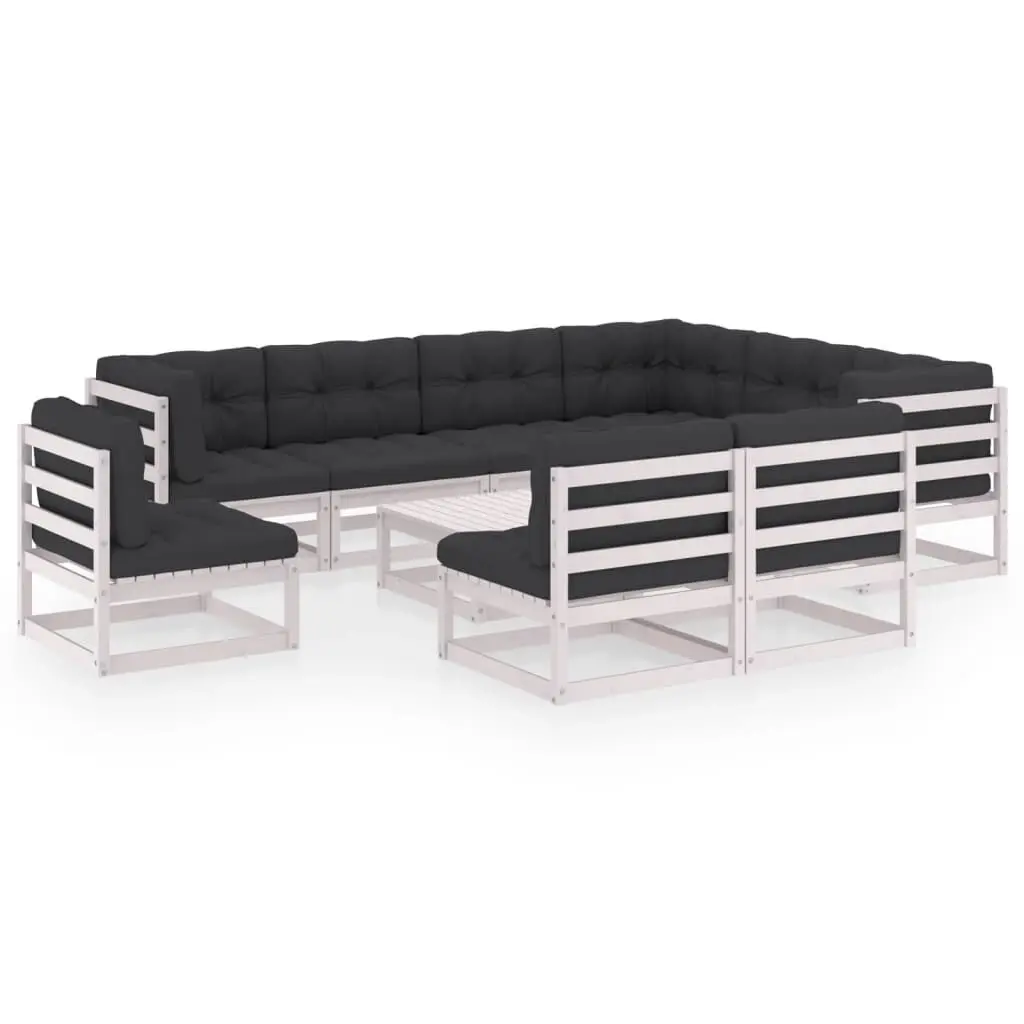 10 Piece Patio Lounge Set Cushions White Solid Wood Pine Outdoor Furniture