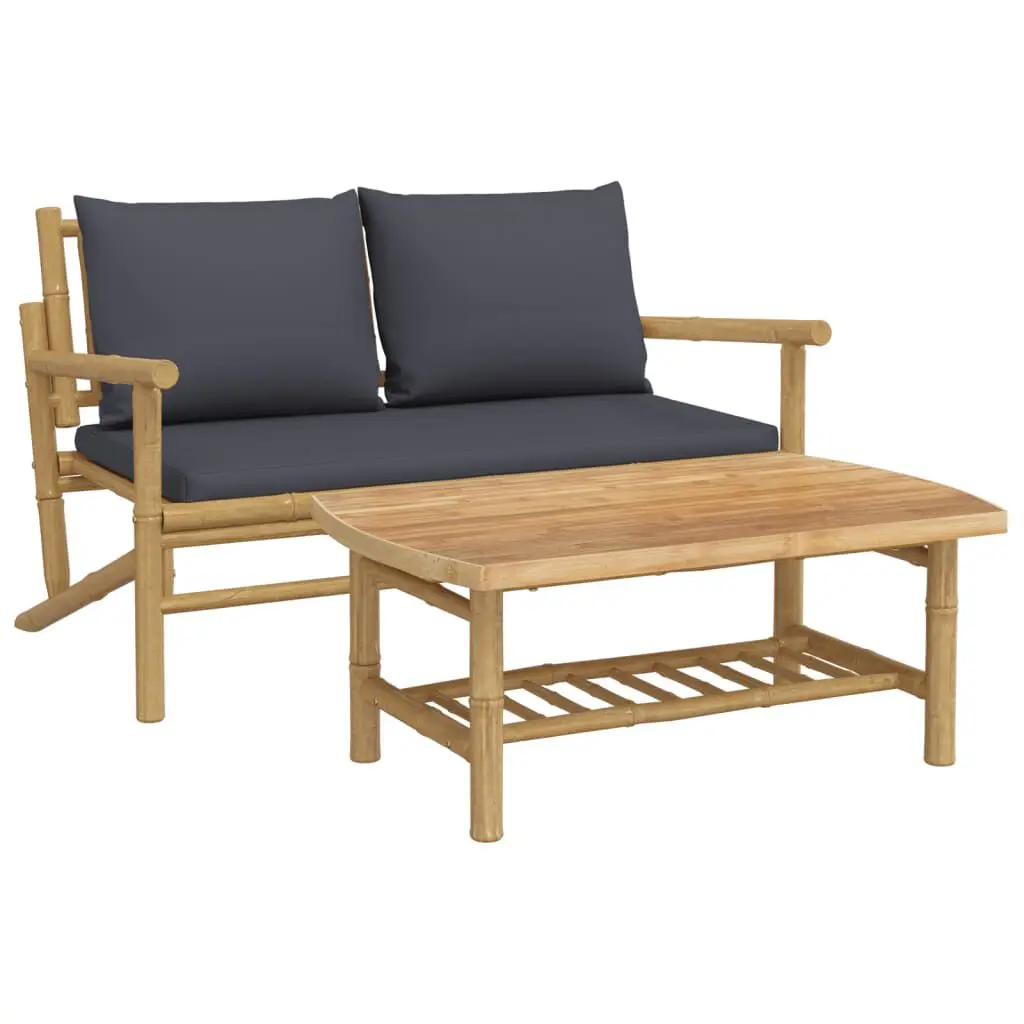 2 Piece Patio Lounge Set Dark Gray Cushions Bamboo Frame Outdoor Furniture